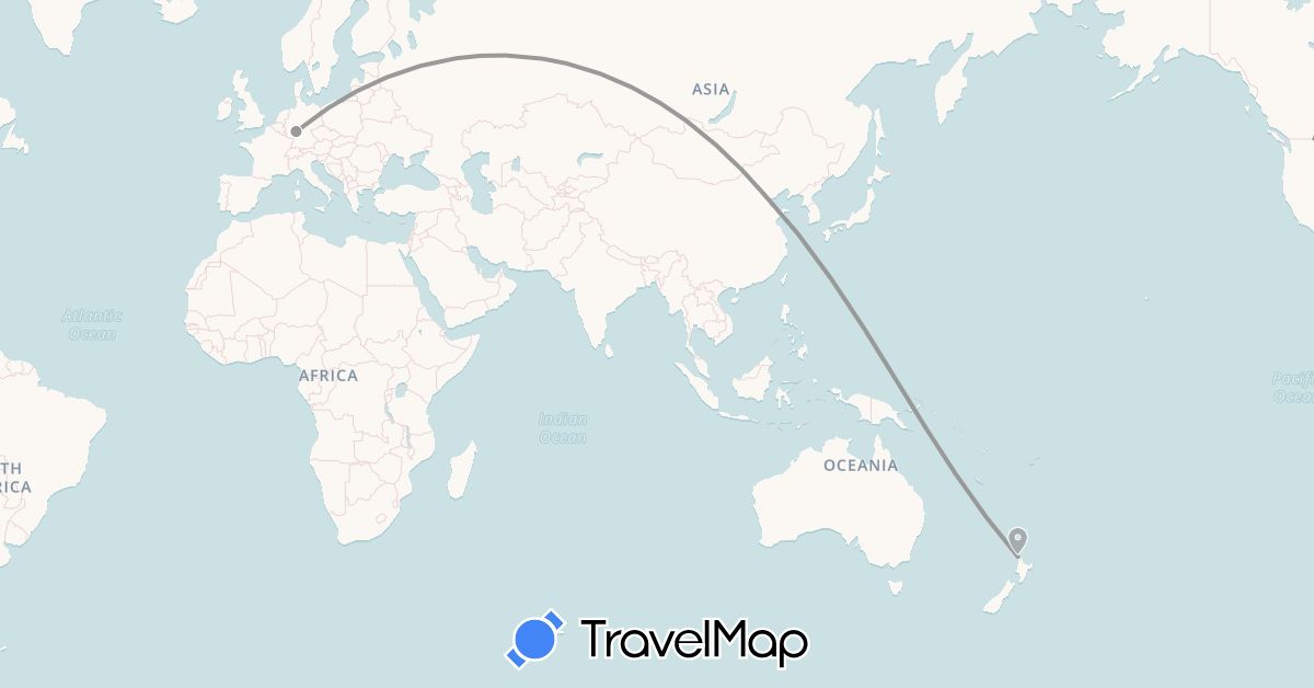 TravelMap itinerary: driving, plane in China, Germany, New Zealand (Asia, Europe, Oceania)